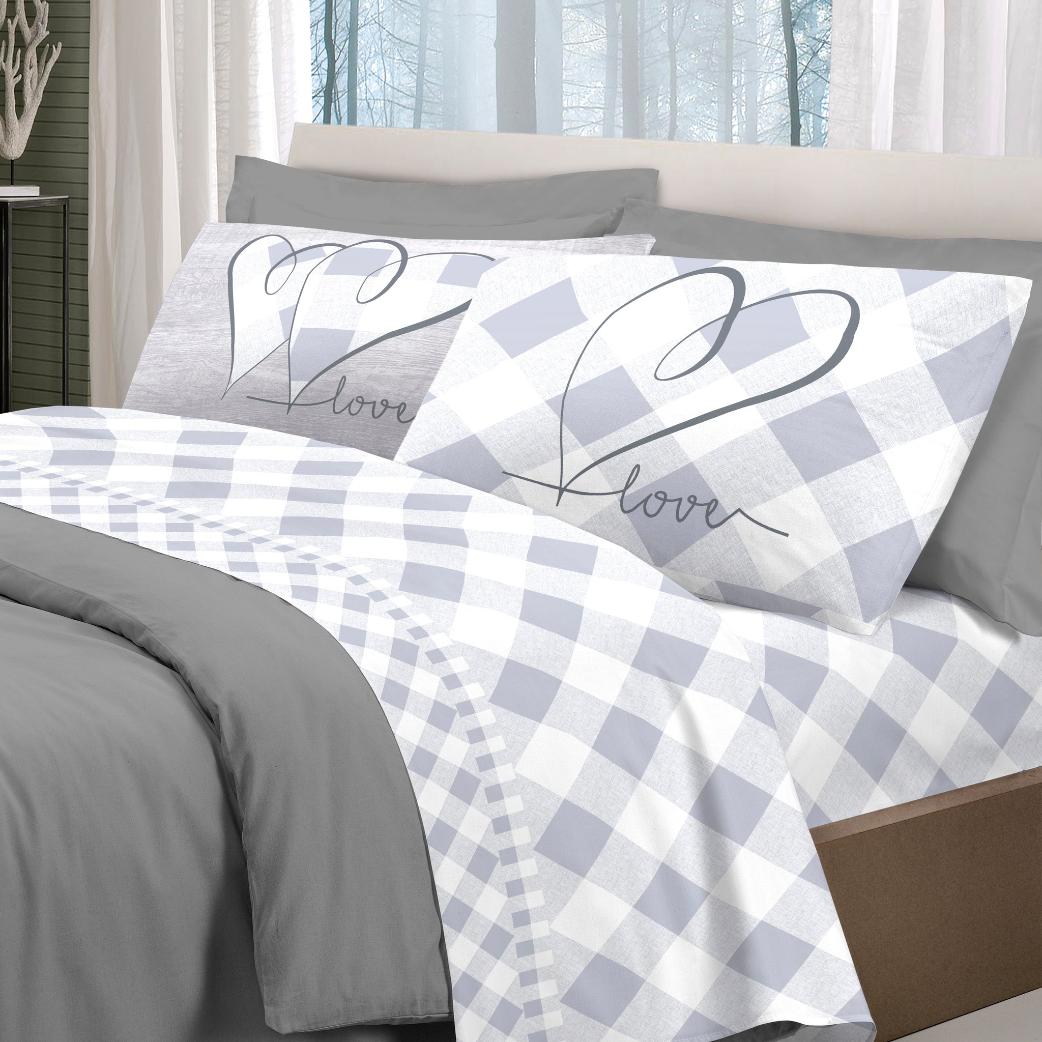 Parure de Lit Double Pensées Délicates - LOVELY CHECK GRIS
